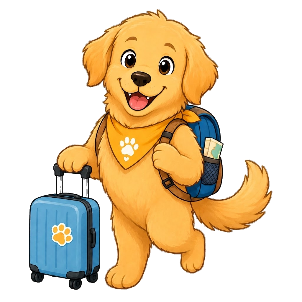 Ruffy, a friendly golden retriever with a suitcase and backpack, ready to travel